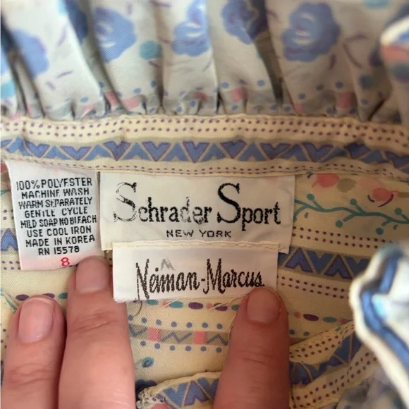 Vintage Schrader Sport for Neiman Marcus Blue Ruffle Neck Women’s Dress Size 8 - Picture 2 of 5